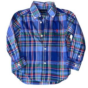 Ralph Lauren Plaid Button Down Shirt 2T Blue Multi Natural‎ Stretch Long Sleeve